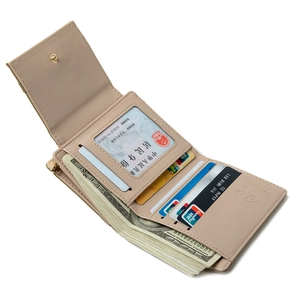 Minimalist tri-fold khaki PU leather wallet for women with card slots and ID window