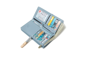 Internal layout of light blue multi-card long wallet with large zipper compartment