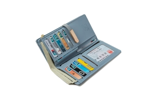 Detailed view of the light blue leather long wallet featuring multiple card slots and an ID window