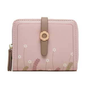 Petit portefeuille rose en cuir PU pour femme avec imprimé fleuri et fermoir doré
