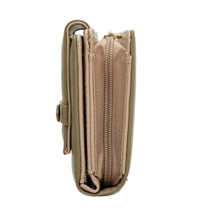 Side view of olive green PU leather wallet showing multi-layered accordion structure