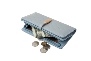 Detail of light blue quilted PU leather long wallet with golden buckle and coin compartment