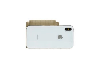 Size comparison of khaki quilted PU leather short wallet next to a smartphone