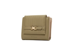 Detail view of olive green quilted trifold wallet with golden cross clasp and card slots