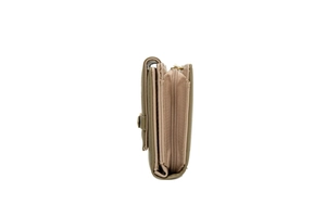 Side view of multi-compartment leather wallet with gold zipper and textured taupe finish