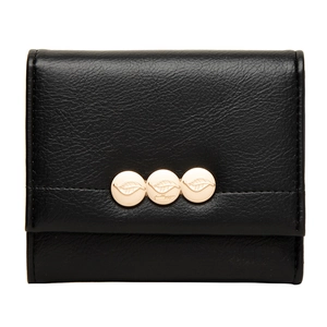 Close-up of black lychee grain leather wallet with golden leaf metallic hardware