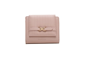 Close-up of pink PU leather short wallet with gold metal buckle and embossed texture