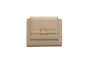 Detail of Prettyzys beige short wallet featuring vertical stitching and gold X buckle