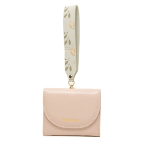 Pink PU leather folding wallet with detachable floral wrist strap and gold logo detail