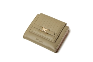Macro shot of olive green short wallet with vertical texture and gold X-shaped buckle