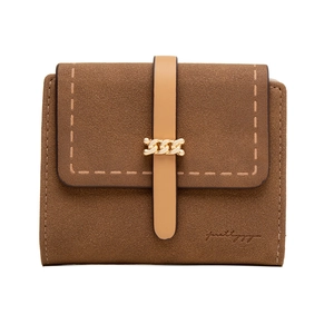 Detail of brown frosted wallet showing matte texture and gold chain buckle detail