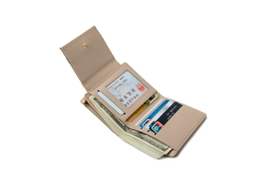Detailed interior view showing card slots and cash compartment of this beige PU wallet