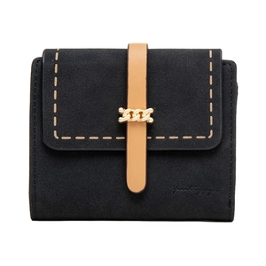 Detail of black frosted matte wallet with brown leather strap and golden chain buckle