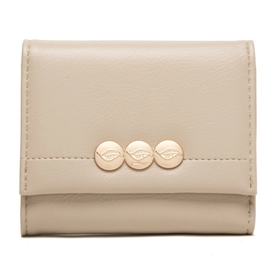 Detail of light beige leather wallet featuring three golden metal leaf buckle closures