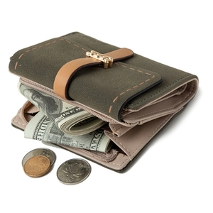 Short tri-fold women wallet in frosted olive green and mocha with golden buckle