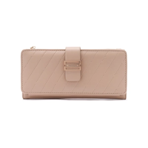 Detail of nude pink long wallet featuring diagonal stitching and golden metal buckle