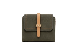 Detail view of dark green frosted wallet with brown strap and gold chain accent