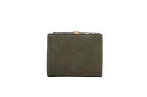 Macro detail of dark green matte leather wallet with contrast stitching and brown buckle strap
