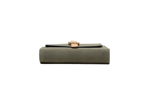 Detailed side view of dark green frosted leather wallet with brown strap and gold buckle