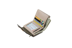 Detailed view of the khaki wallet interior with green card slots and ID window