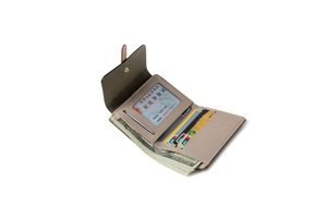 Internal layout of trifold matte wallet with card slots and transparent ID window