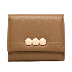 Brown litchi grain leather short folding wallet with golden leaf hardware buckles