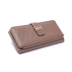 Detail view of khaki striped quilted women long wallet with golden buckle and card slots