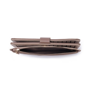 Brown striped leather long wallet with multi-card slots and secure zipper pocket