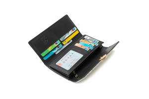 Detail view of the black multi-slot long wallet with 11 card holders and zipper pocket