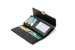 Internal layout of black tri-fold long wallet with multiple card slots and clear ID window