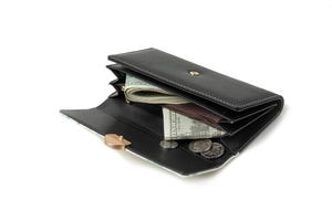 Close-up of black PU leather long wallet with card slots and golden metal clasp