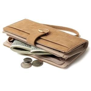 Detail view of long camel wallet featuring grid pattern texture and multi-layer storage