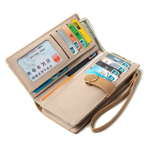 Interior view of beige leather long wallet showing multi-card slots and photo ID window
