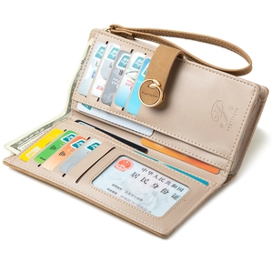 Internal view of women's beige lychee pattern wallet with card slots and wrist strap
