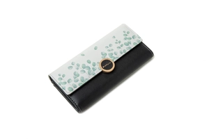 Detail of floral printed long wallet with metal buckle and premium stitching texture