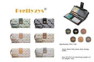 Detailed view of women long wallet featuring multiple card slots and wristlet strap