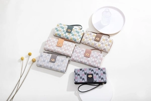 Close-up of geometric pattern PU leather long wallets with wrist straps and metal buckle