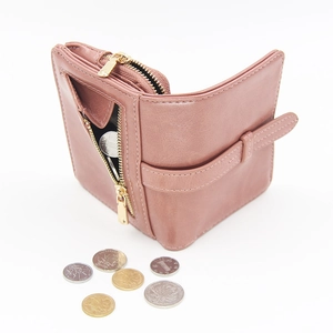 Dusty pink oil wax leather wallet for women with gold zipper and coin compartment