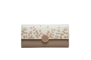 Close-up of tricolor floral PU leather wallet featuring a round metallic brand snap buckle