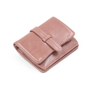 Short vintage oil wax leather women wallet with strap buckle in pink color