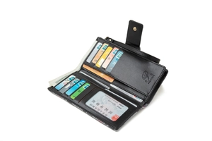 Detailed interior of long PU wallet with multiple card slots and photo window