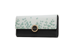 Detail of long floral bifold wallet with eucalyptus pattern and golden metal buckle