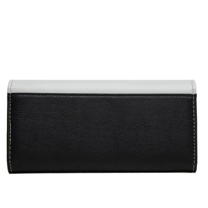 Close-up of dual-tone grey and black lychee texture long wallet with contrast white stitching