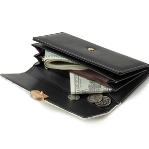 Women's long black PU leather wallet with multi-card slots and gold snap closure