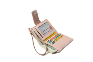 Detail view of pink PU leather wallet showing card slots and cash compartments
