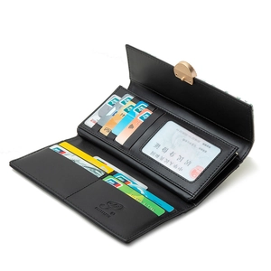 Black PU leather trifold long wallet with multiple card slots and snap button closure