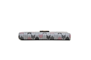 Detailed side view of large capacity long wallet with pink and grey chevron pattern