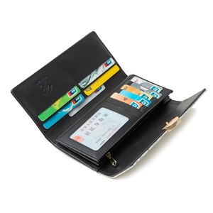 Detail of black leather long wallet featuring multiple card slots and zipper pocket