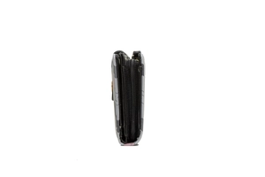 Side view of multi-layer long purse with floral print and accordion-style compartments