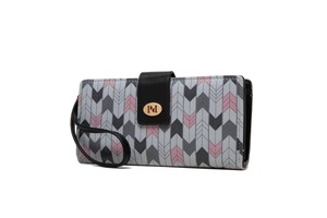 Detail of grey and pink geometric pattern wallet with gold metal logo and wrist strap